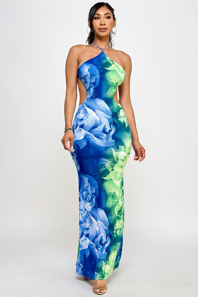 Mya Flower Print Halter Neck Open Back Mesh Maxi Dress
