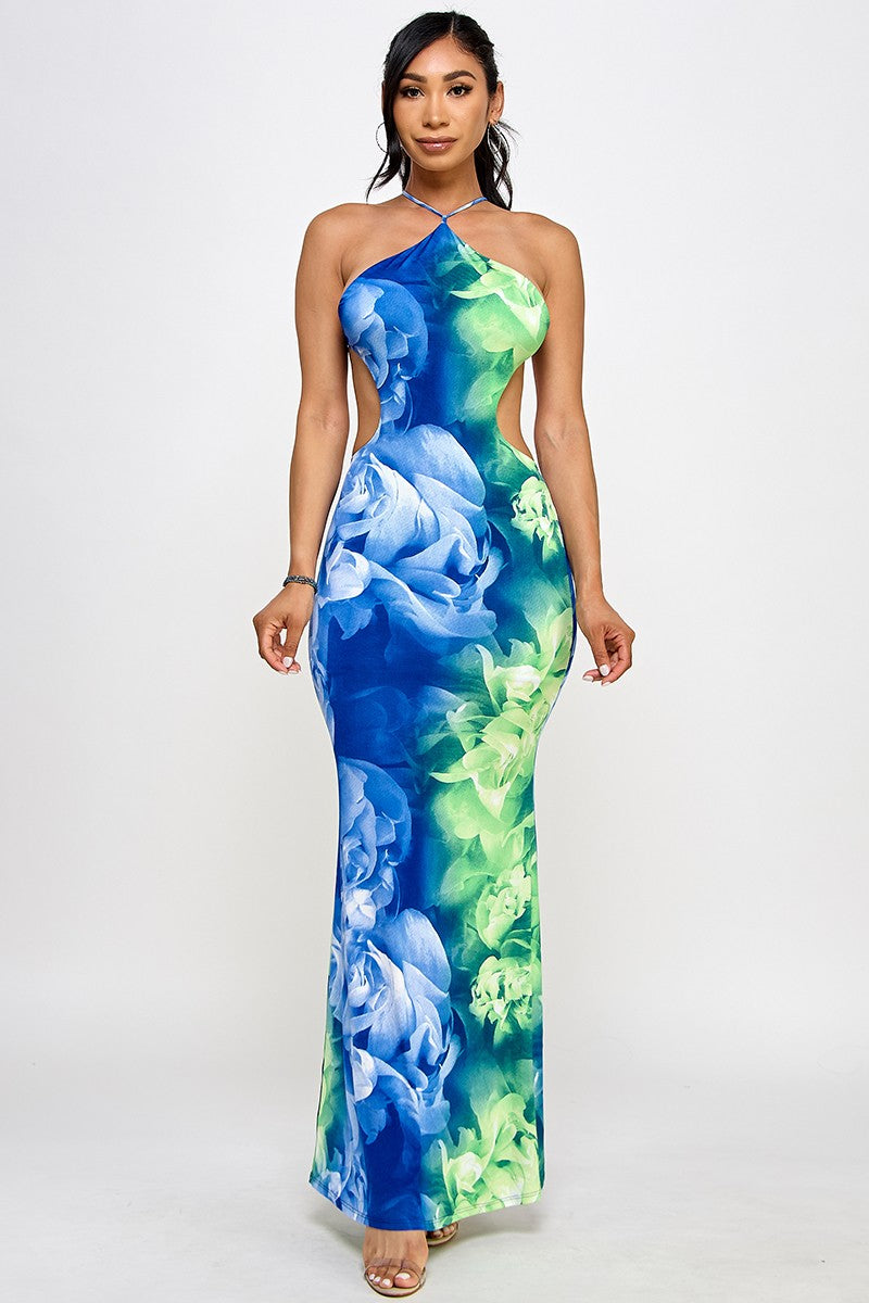 Mya Flower Print Halter Neck Open Back Mesh Maxi Dress