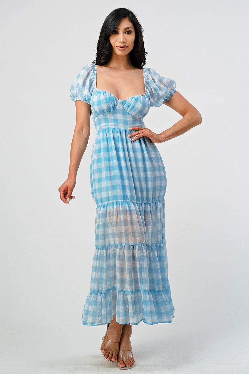 Romcom Gingham Print Open Back Maxi Dress