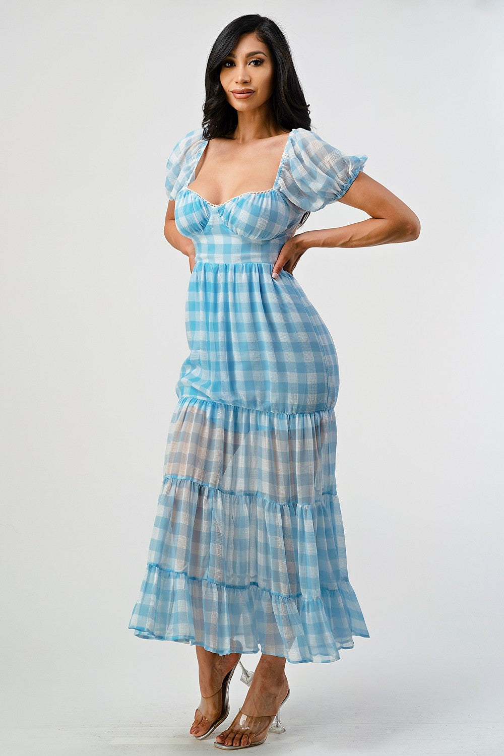 Romcom Gingham Print Open Back Maxi Dress