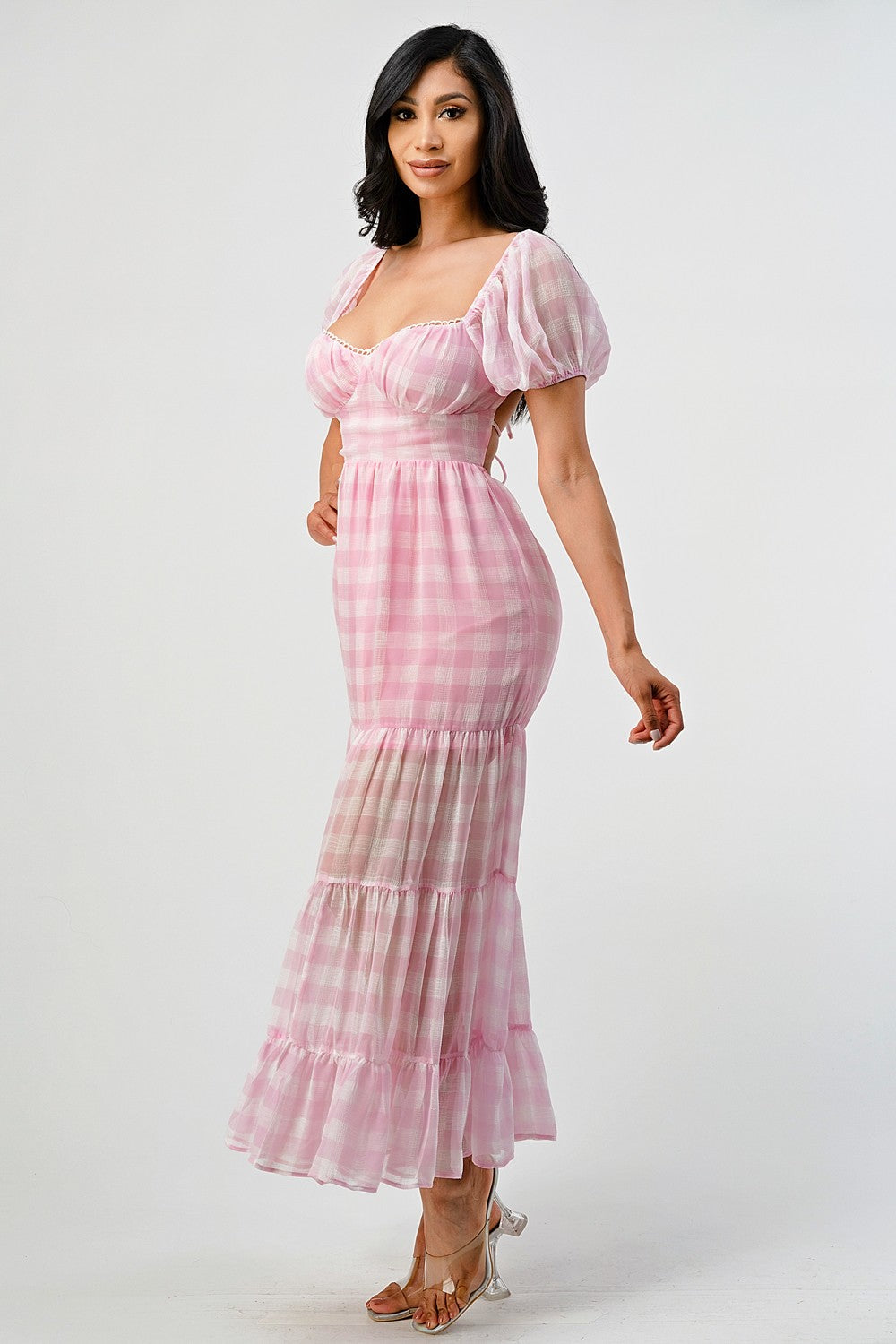 Romcom Gingham Print Open Back Maxi Dress