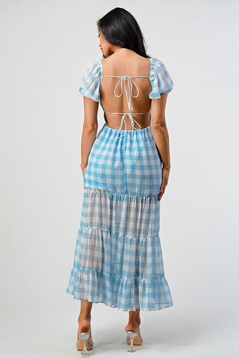 Romcom Gingham Print Open Back Maxi Dress