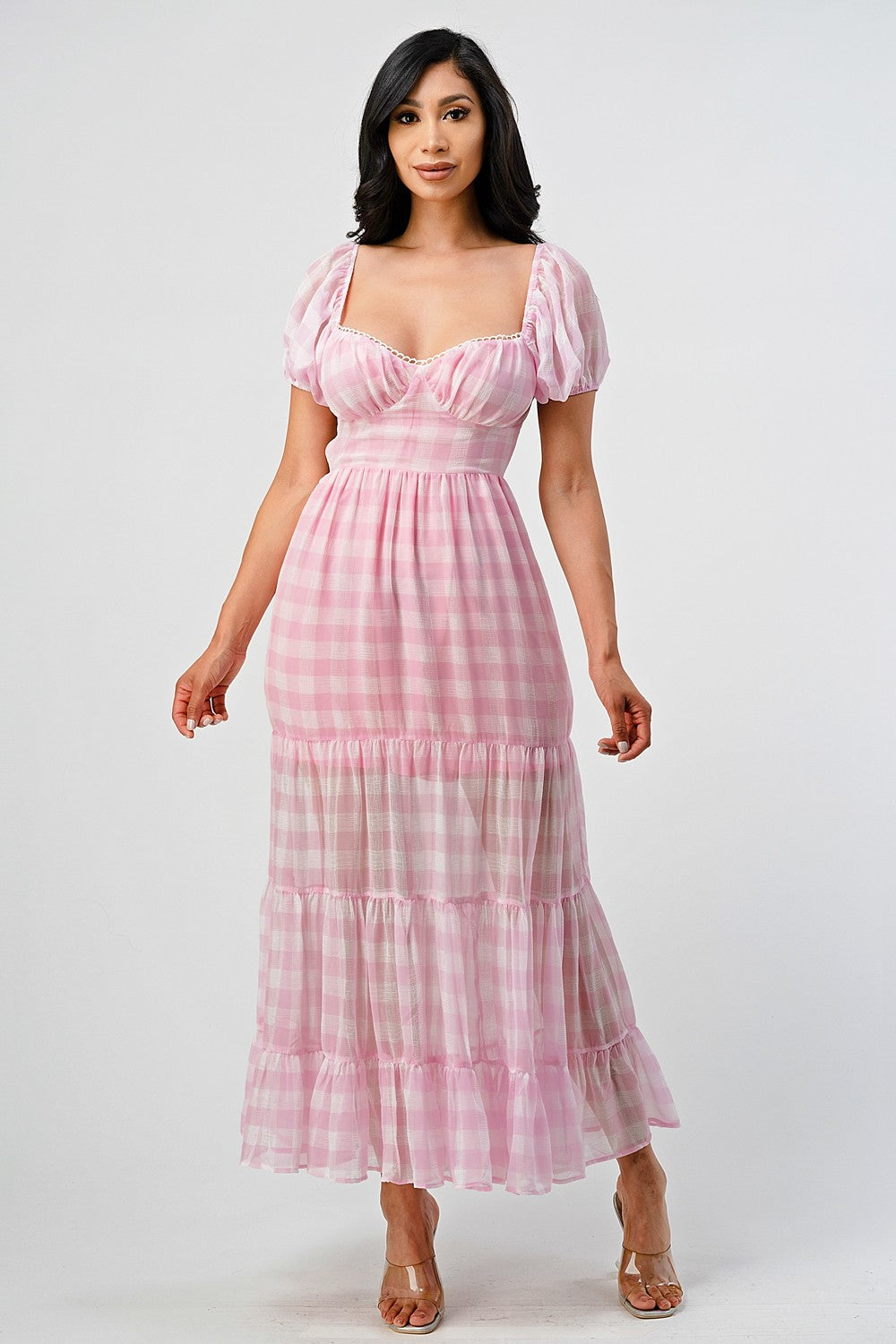 Romcom Gingham Print Open Back Maxi Dress