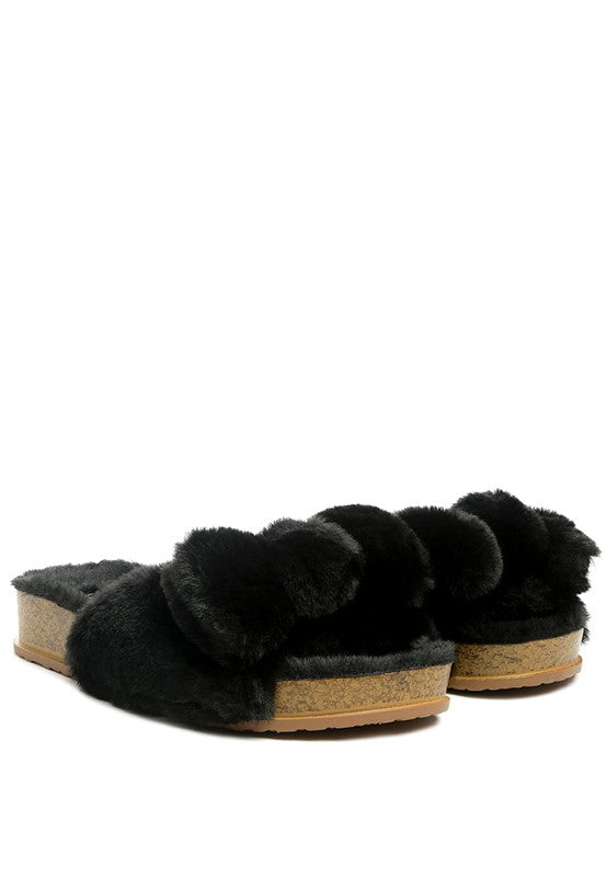 Staying In Cozy Faux Fur Bow Flatform Slides