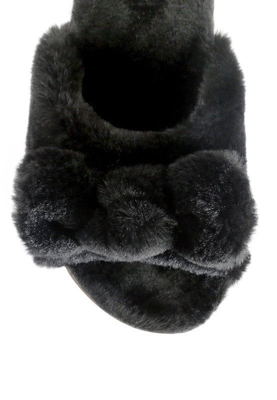 Staying In Cozy Faux Fur Bow Flatform Slides