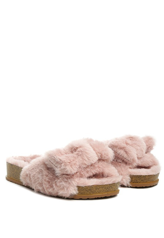 Staying In Cozy Faux Fur Bow Flatform Slides