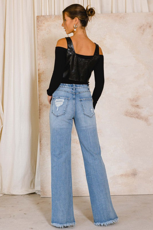 Kelli High Rise Distressed Wide Leg Jeans