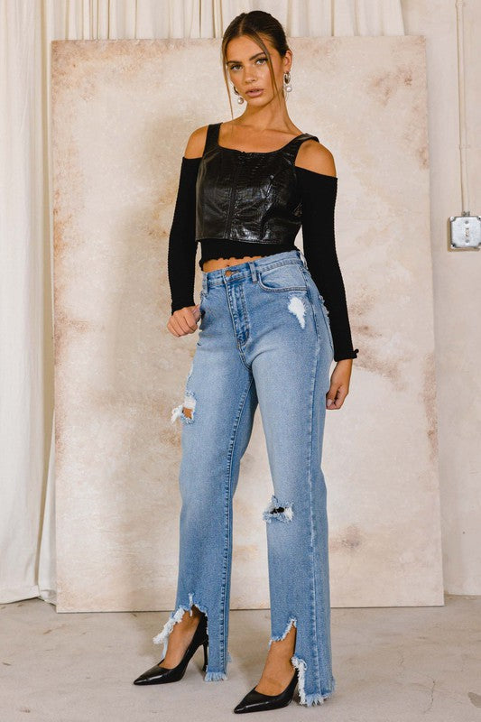 Kelli High Rise Distressed Wide Leg Jeans