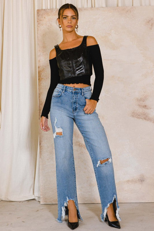 Kelli High Rise Distressed Wide Leg Jeans