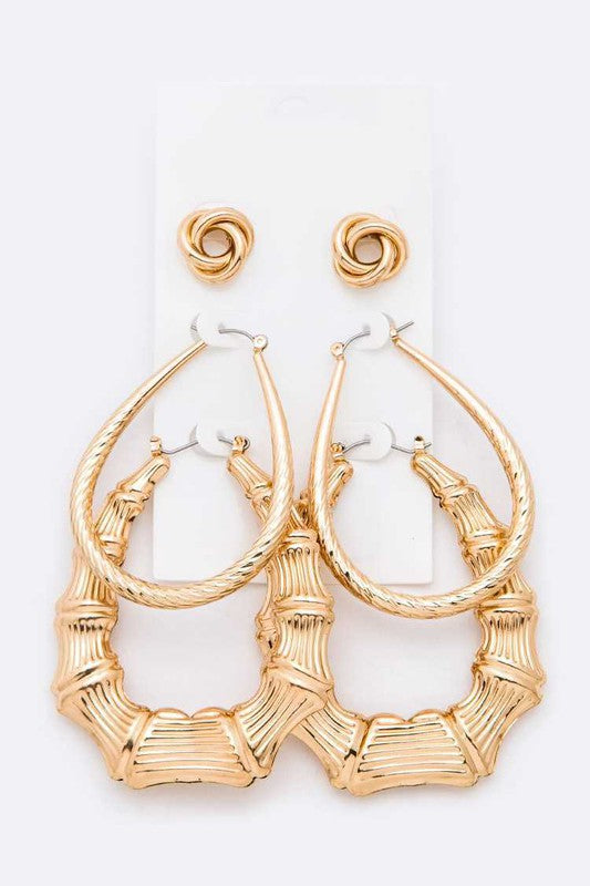 Mix Bamboo Hoop & Studs Gold Earrings Set