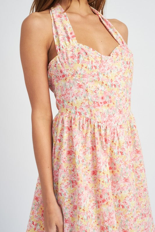 Lucia Floral Print Bustier Halter Mini Dress