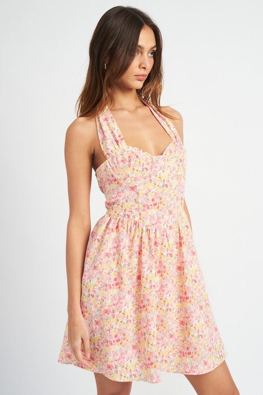 Lucia Floral Print Bustier Halter Mini Dress