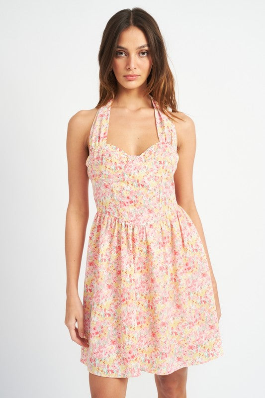 Lucia Floral Print Bustier Halter Mini Dress