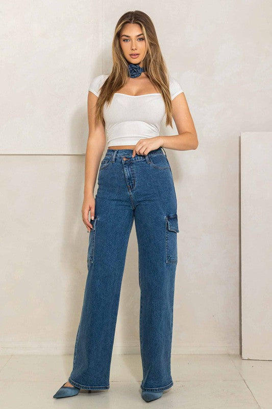 Talk About It High Rise Crossed Waist Cargo Jeans