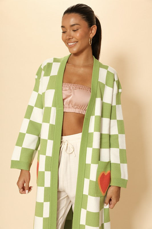 Heart On My Sleeves Open Front Checkered Print Cardigan