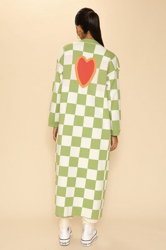 Heart On My Sleeves Open Front Checkered Print Cardigan