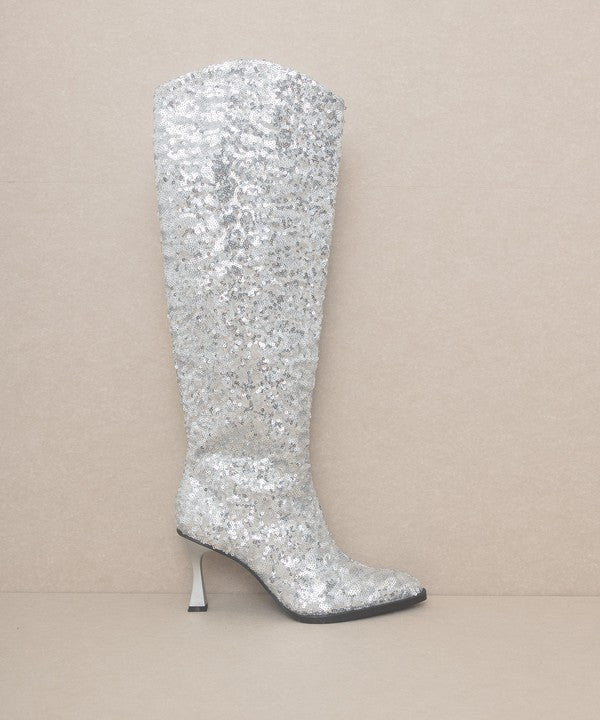 Josephine Sequin Detail Knee High Pointed Toe Boots