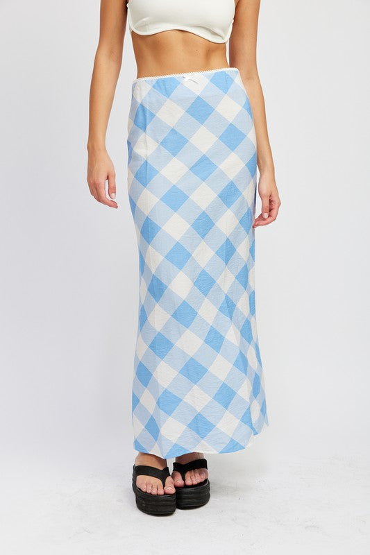 Skye Gingham Print Bias Cut Maxi Skirt