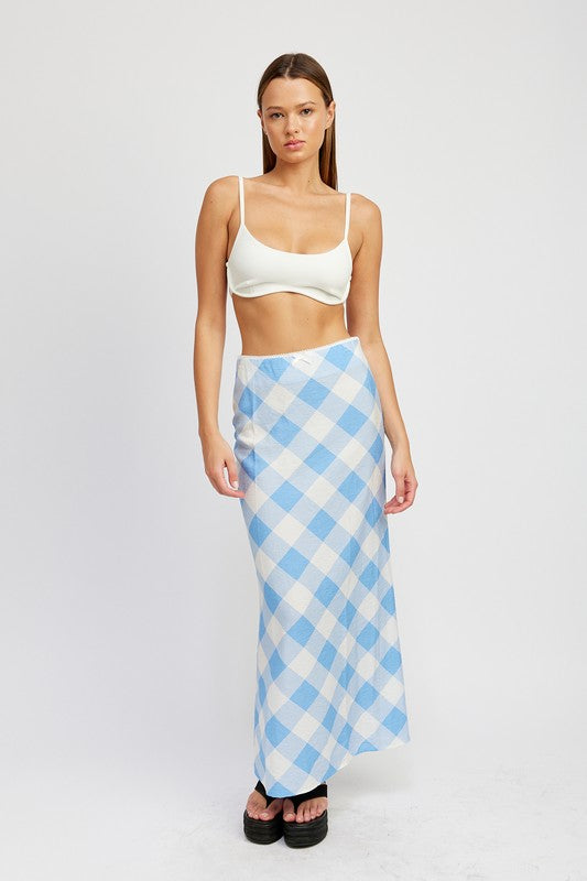 Skye Gingham Print Bias Cut Maxi Skirt