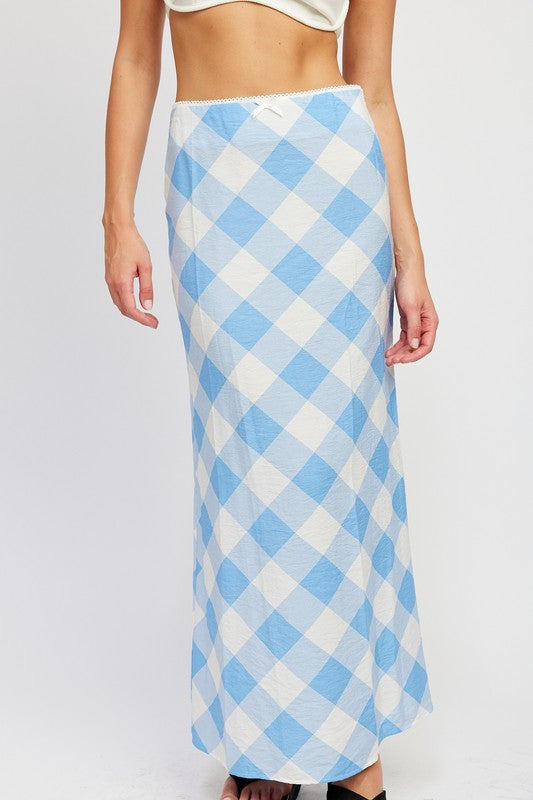 Skye Gingham Print Bias Cut Maxi Skirt