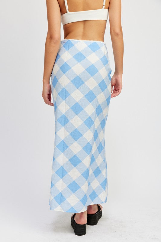 Skye Gingham Print Bias Cut Maxi Skirt