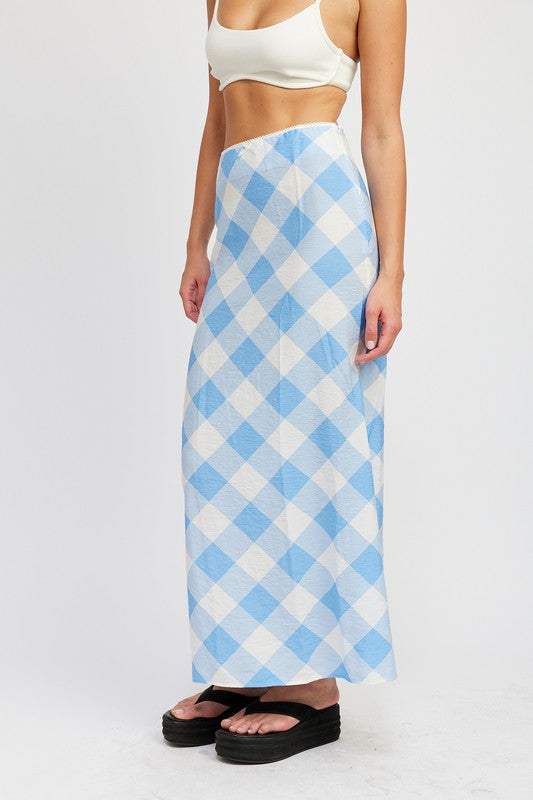 Skye Gingham Print Bias Cut Maxi Skirt