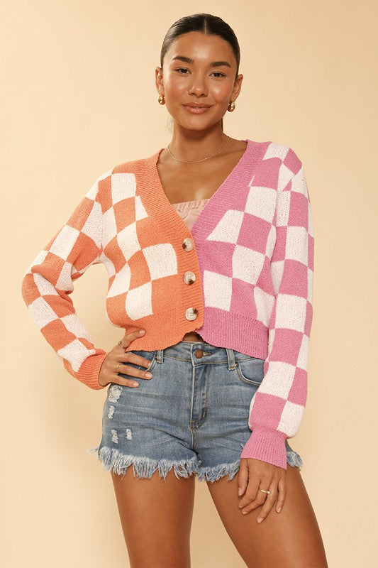 Two Tone Checkered Print Cropped Cardigan