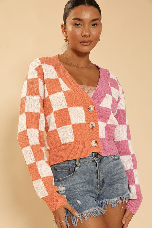 Two Tone Checkered Print Cropped Cardigan