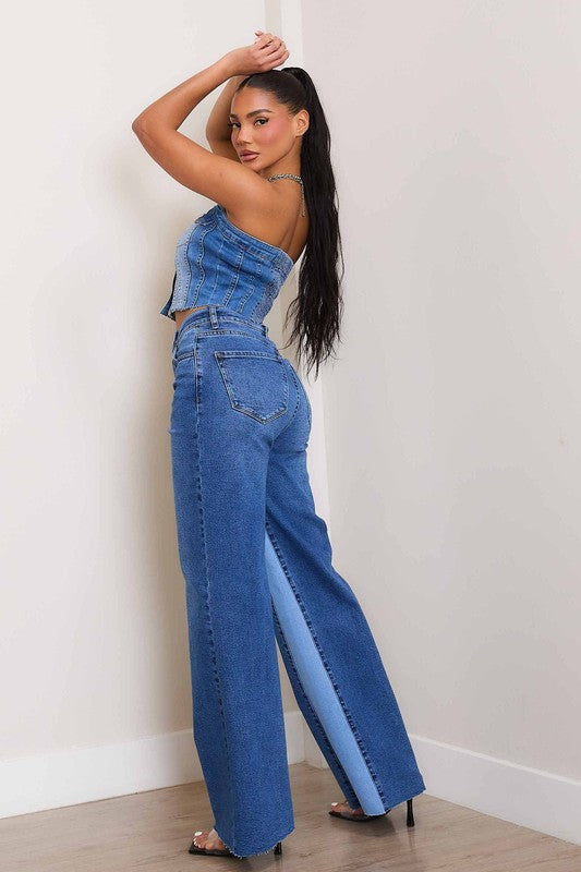 Hollywood High Rise Color Block Wide Leg Jeans