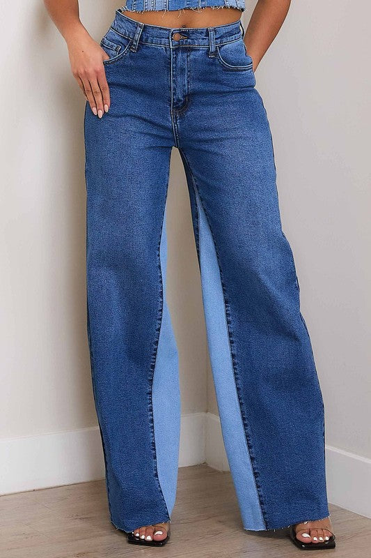 Hollywood High Rise Color Block Wide Leg Jeans