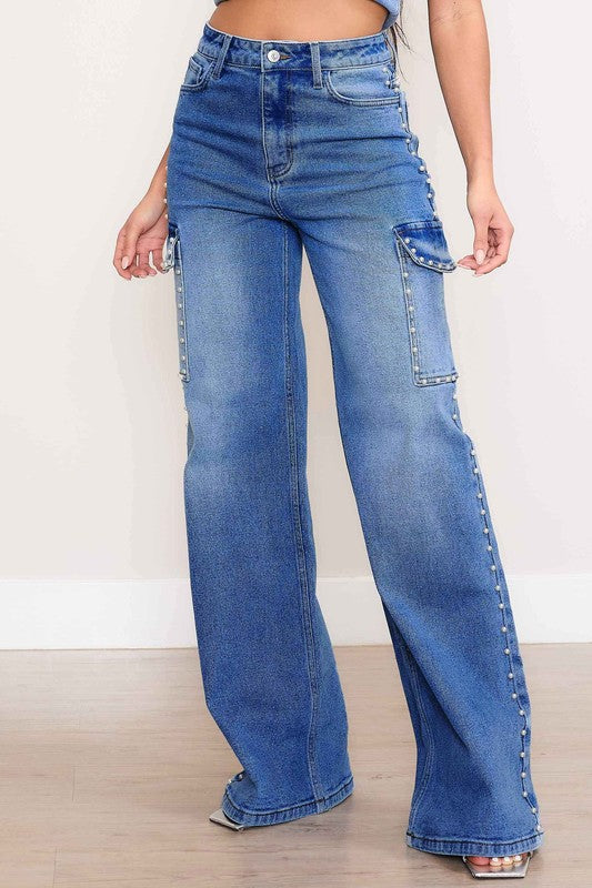 Bijoux Pearl Embellished High Rise Cargo Jeans