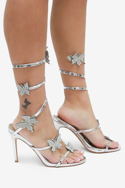 Euphoria Rhinestones Butterfly Detail Ankle Wrap High Heels
