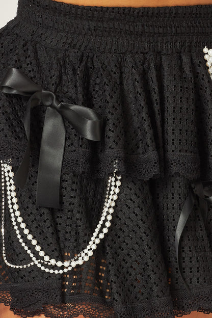 Lana Pearl &amp; Ribbons Trim Tiered Lace Mini Skirt