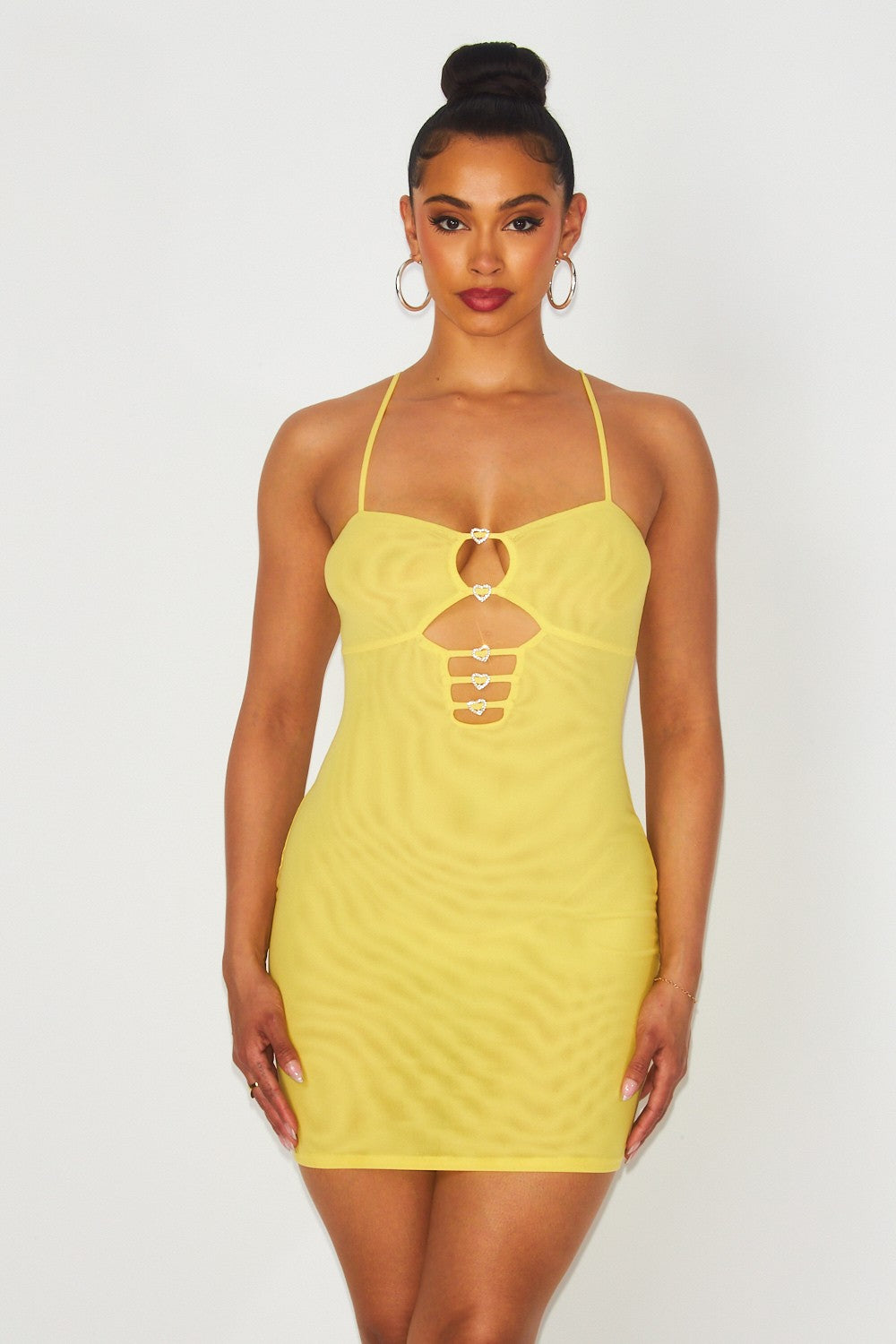 Malibu Rhinestones Cut Out Front Mesh Mini Dress