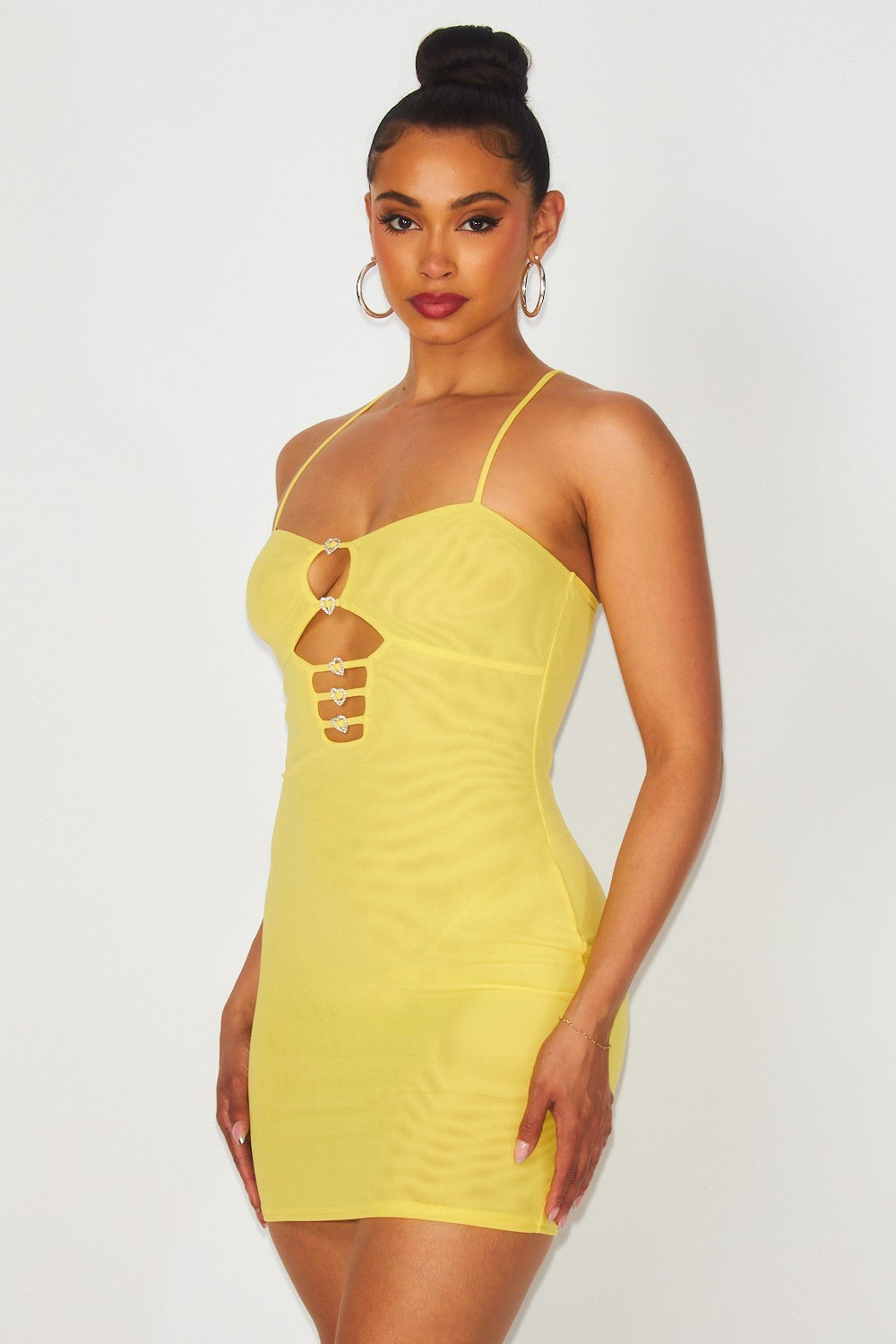 Malibu Rhinestones Cut Out Front Mesh Mini Dress