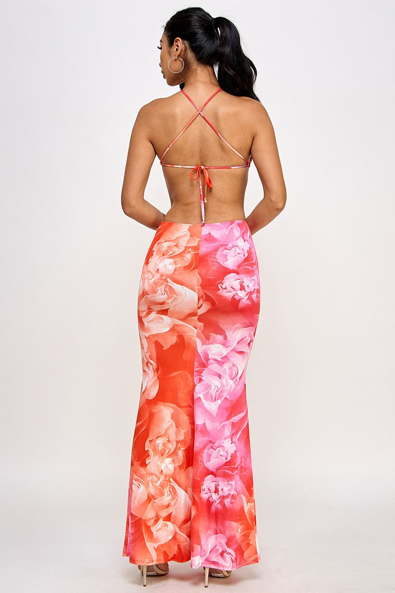 Mya Flower Print Halter Neck Open Back Mesh Maxi Dress