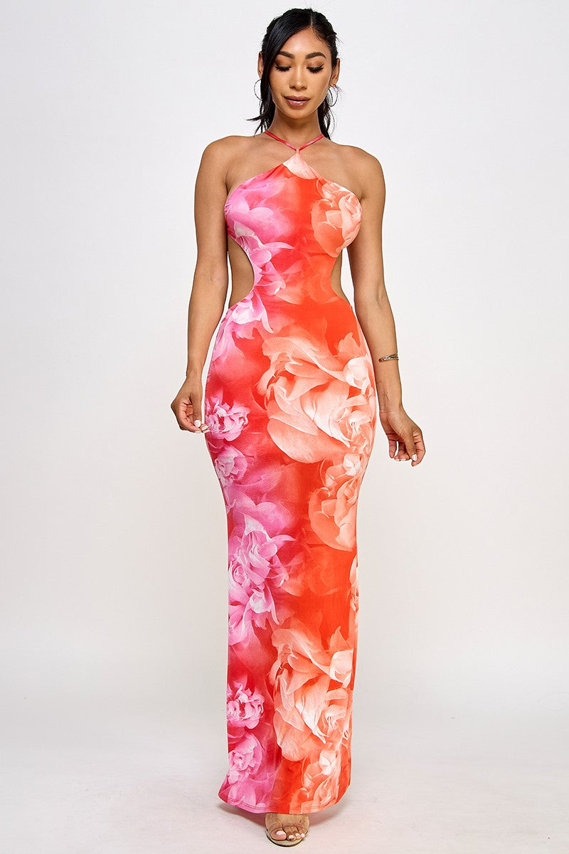 Mya Flower Print Halter Neck Open Back Mesh Maxi Dress