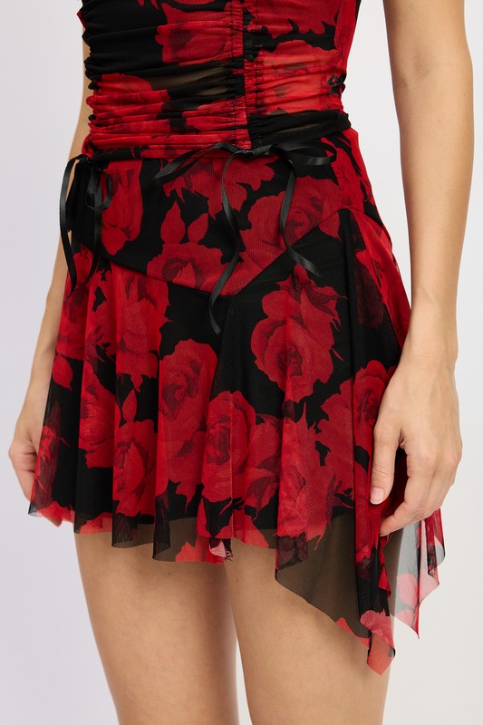 Verona Flower Print Mesh Asymmetric Hem Mini Skirt