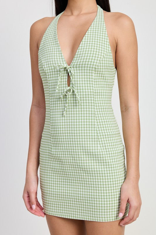 Charlize Bow Detail Gingham Print Open Back Halter Mini Dress