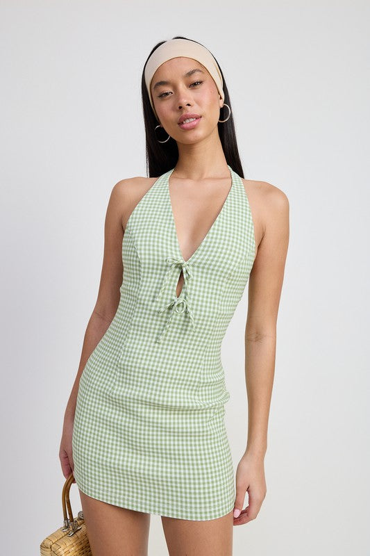 Charlize Bow Detail Gingham Print Open Back Halter Mini Dress