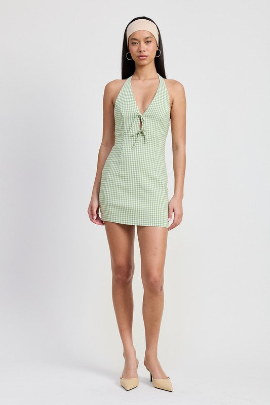 Charlize Bow Detail Gingham Print Open Back Halter Mini Dress