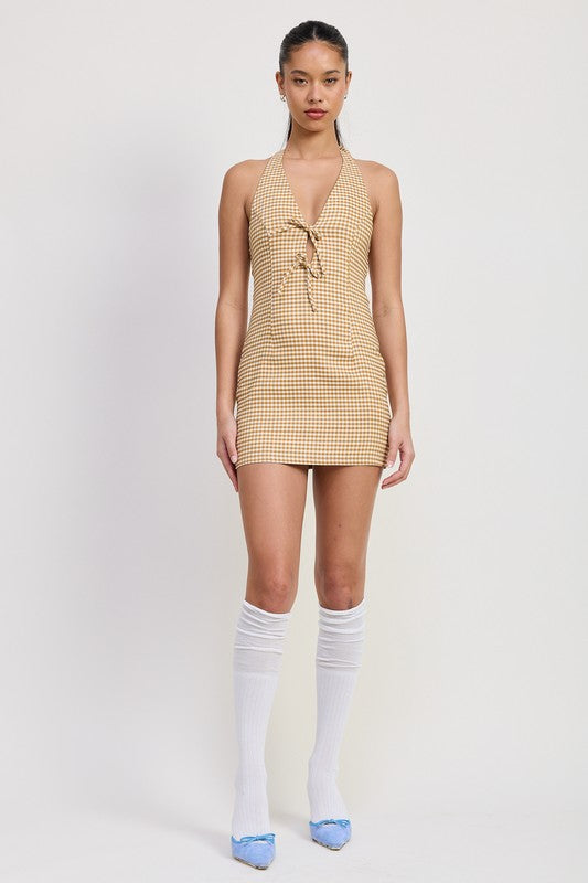 Charlize Bow Detail Gingham Print Open Back Halter Mini Dress