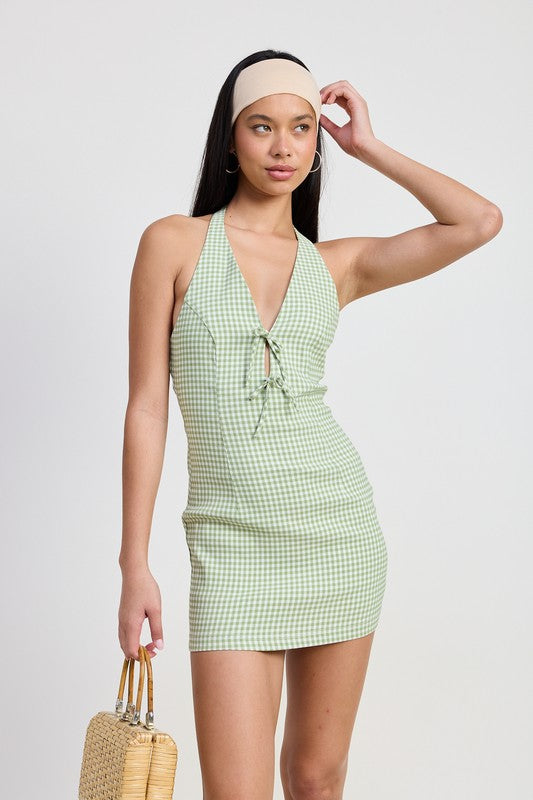 Charlize Bow Detail Gingham Print Open Back Halter Mini Dress