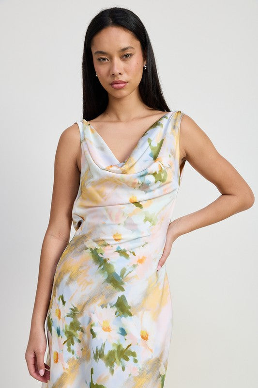 Palomina Cowl Neck Floral Print Satin Midi Dress