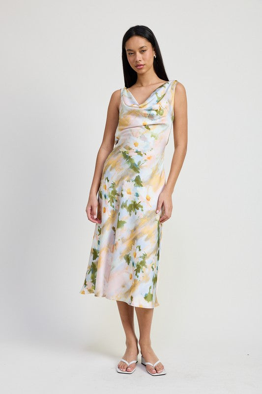 Palomina Cowl Neck Floral Print Satin Midi Dress