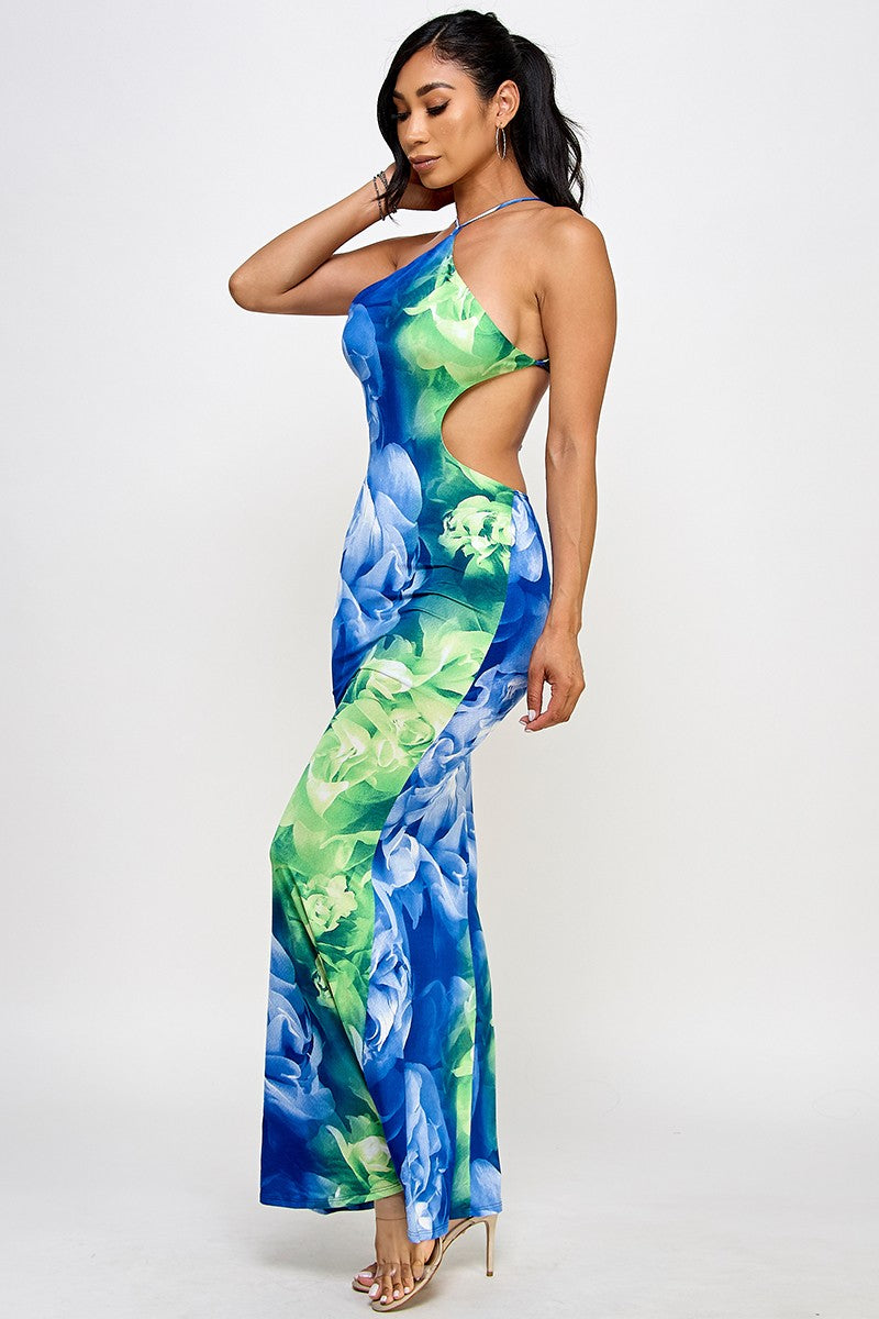 Mya Flower Print Halter Neck Open Back Mesh Maxi Dress