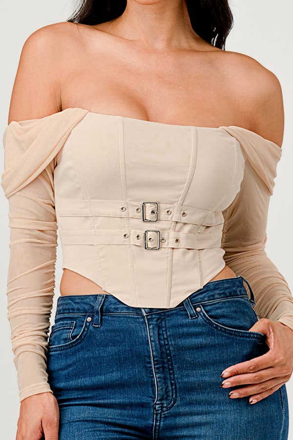 Buckle Hunny Off Shoulder Mesh Sleeve Corset Top