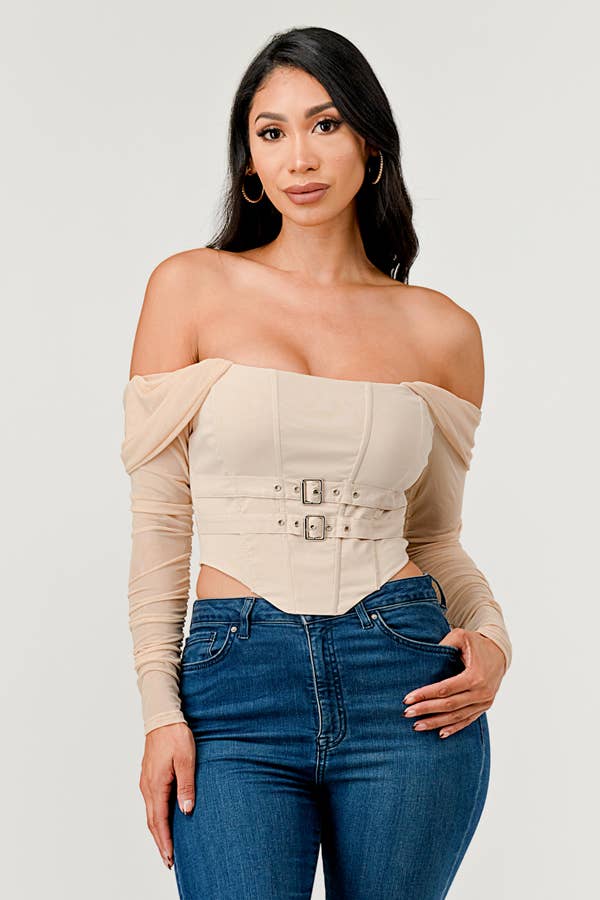 Buckle Hunny Off Shoulder Mesh Sleeve Corset Top