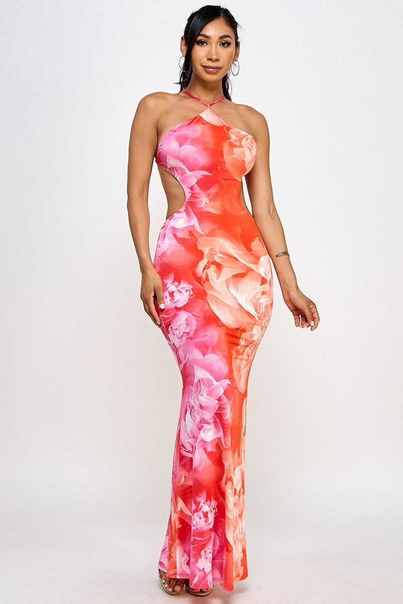 Mya Flower Print Halter Neck Open Back Mesh Maxi Dress