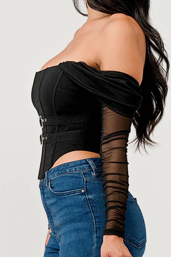 Buckle Hunny Off Shoulder Mesh Sleeve Corset Top